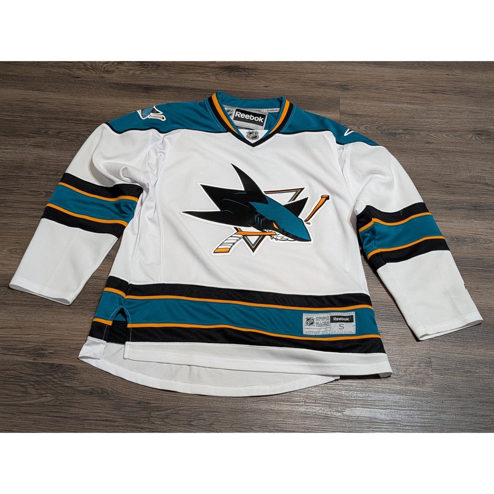 Reebok NHL San Jose Sharks Hockey Jersey Mens Small White Teal Striped Logo